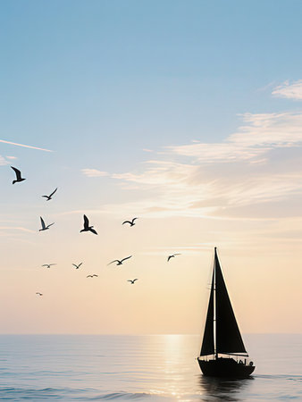 Sailing boat on the sea with seagulls at sunsetの写真素材