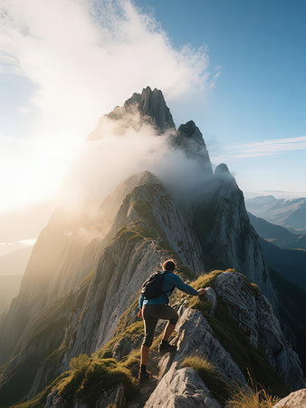 Hiker on the top of the mountain in the Dolomitesの写真素材