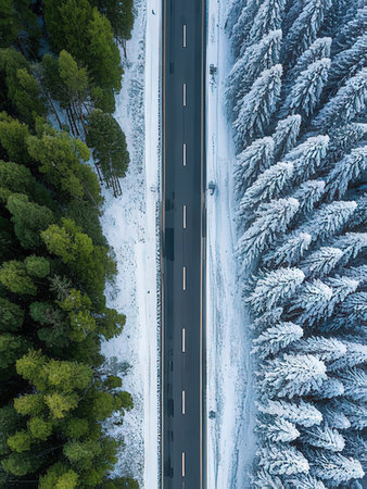 Aerial view of winter road with snow covered pine trees in Finland