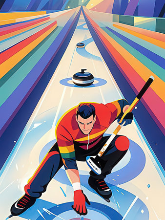 Hockey player on the track. Cartoon vector illustration. Colorful background.