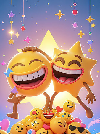 Smiling and laughing emoji with stars and confetti. Vector illustration.