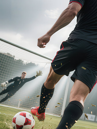 soccer player in action kicking ball on football field under cloudy sky