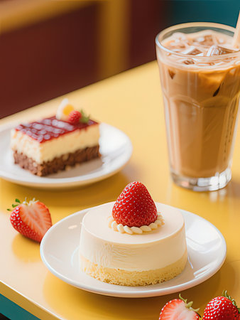 Strawberry cake and ice coffee on yellow table in cafe.