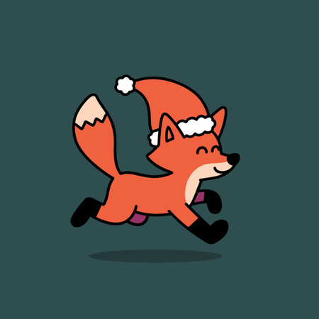 Cartoon fox running with Santa Claus hat. Vector illustration in flat styleのイラスト素材