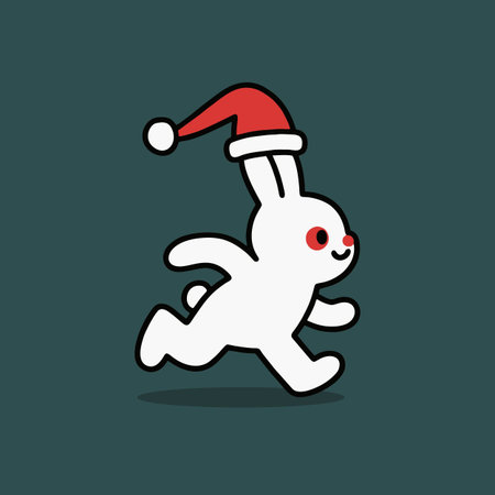 rabbit running with santa hat on green background, vector illustrationのイラスト素材