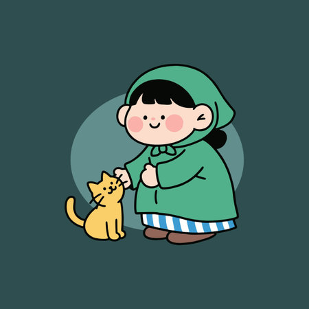Cute little girl and cat. Vector illustration. Cartoon style.のイラスト素材