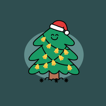 Christmas tree with Santa hat. Cute cartoon character. Vector illustration.のイラスト素材