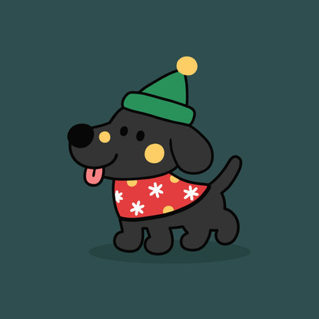 Cute cartoon dog with christmas hat. Vector illustration in flat style.のイラスト素材