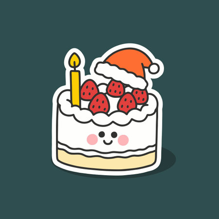 Cake with strawberry and candle in Santa hat. Vector illustration.のイラスト素材
