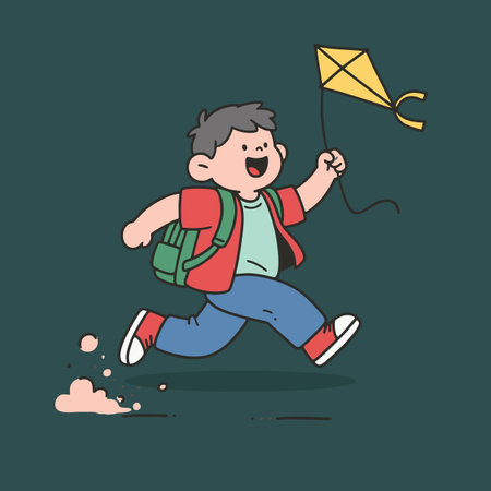 Cute little boy running with a kite. Vector illustration.のイラスト素材