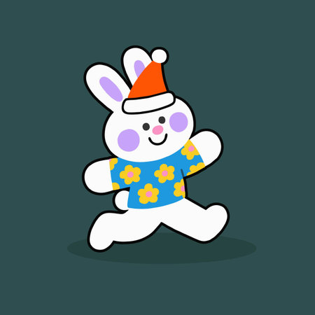 Cute cartoon rabbit in a cap and with flowers. Vector illustration.のイラスト素材