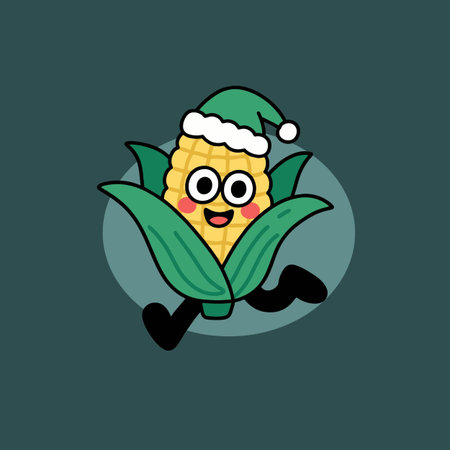 Cute cartoon corn character with santa hat. Vector illustration.のイラスト素材