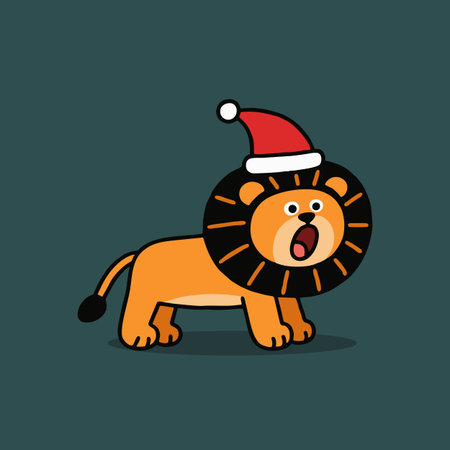 Cute cartoon lion in santa claus hat. Vector illustration.のイラスト素材