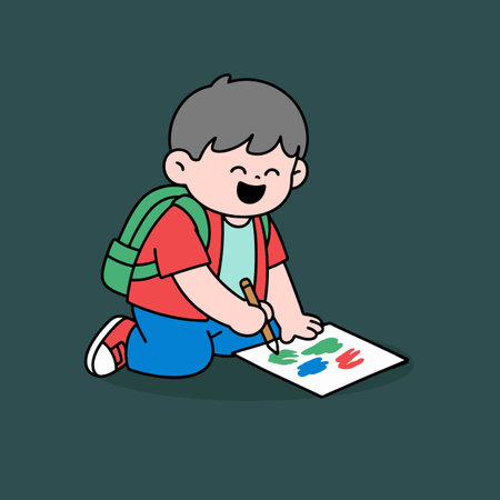 Little boy painting with watercolor. Vector illustration in flat style.のイラスト素材