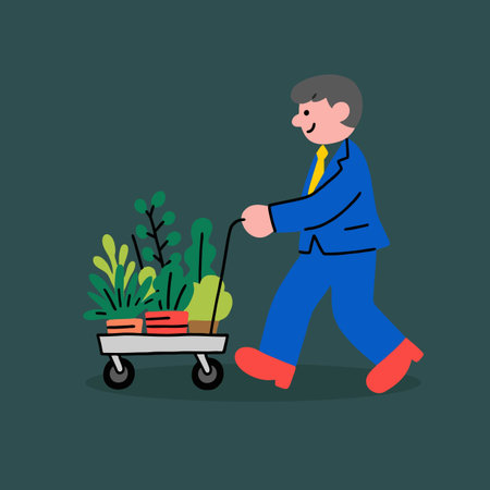 Businessman pushing a cart with plants. Vector illustration in flat styleのイラスト素材