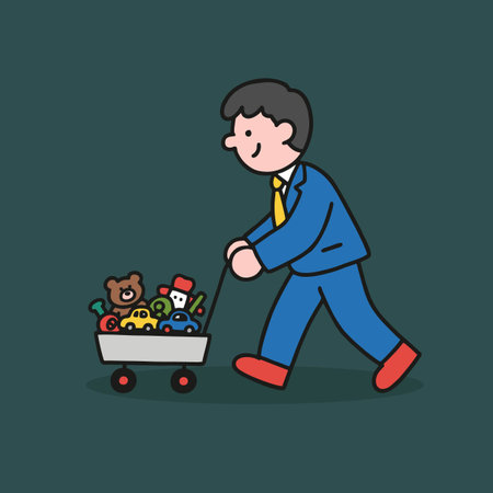 Businessman with trolley full of toys. Vector illustration in flat styleのイラスト素材