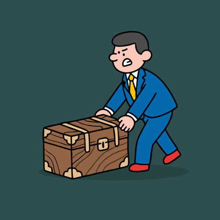Businessman carrying a wooden treasure chest. Vector illustration in cartoon style.のイラスト素材