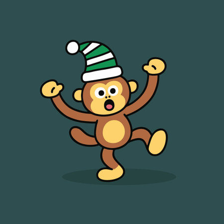 Cute monkey wearing a christmas hat and running. Vector illustration.のイラスト素材