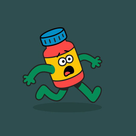 Cartoon bottle of pills running. Vector illustration in flat style.のイラスト素材
