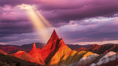 colorful desert landscape with mountains and sun ray. 3d illustration