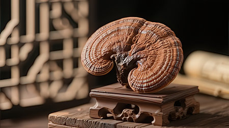 Ganoderma lucidum or Ling zhi mushroom on wooden table.