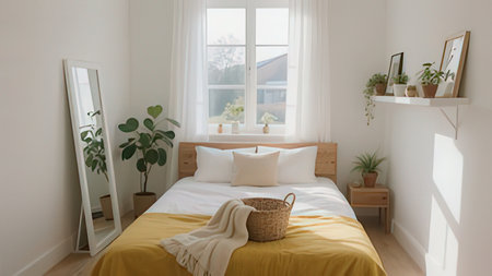 Interior of modern bedroom with white walls, wooden floor, comfortable double bed with yellow...