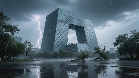 Lightning strike over modern office building. 3d rendering. Computer digital drawing.