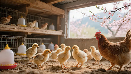 chickens and chickens in a cage on a farm in spring
