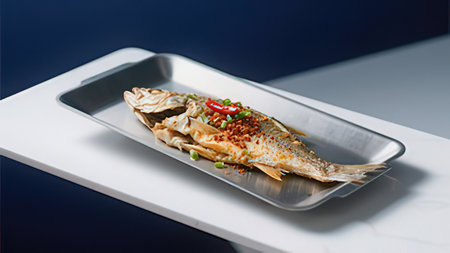 Fried fish with herbs and spices on a white plate