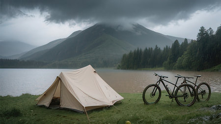 Camping on the shore of a mountain lake with a bicycle.