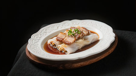 spring rolls on a white plate with soy sauce on a black background