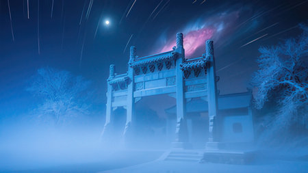 Night scene of a Chinese temple in the snow, with a starry sky.の写真素材