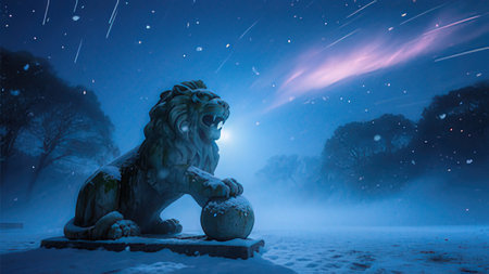 Lion statue in snowy forest at night. 3D rendering.