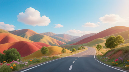 Rural road in the mountains at sunset. 3d rendering.