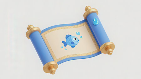 Illustration of a paper scroll with a blue fish on a white background