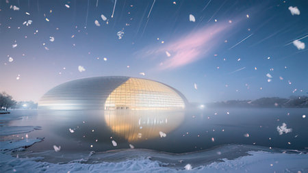 View of the National Stadium in winter with falling snowflakes.