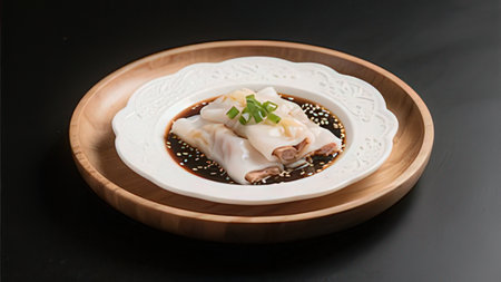 Steamed rice noodle with pork in white plate on black background