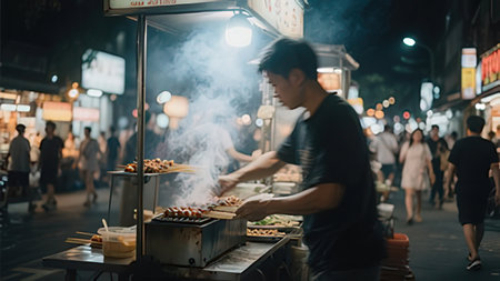 Unidentified asian man selling grilled sausages on street in Bangkok, Thailand.