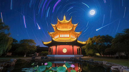 Beautiful Chinese temple in the garden at night with starry sky