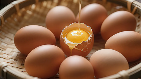 Eggs and egg yolk in a basket on wooden background