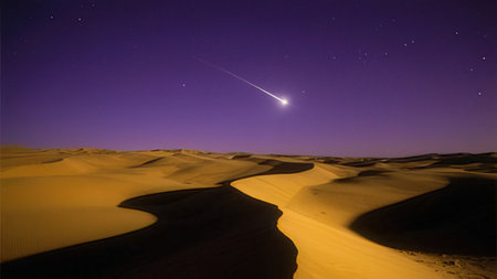 Desert at night with a meteorite in the sky over the dunes