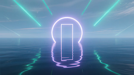 3D rendering of an exclamation mark in the sea, illuminated by neon lights