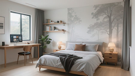 Interior of modern bedroom in scandinavian style. 3d render