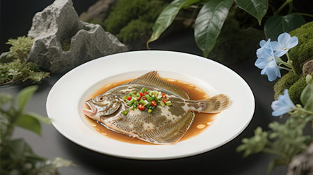 Steamed Flounder with soy sauce on white plate, stock photo