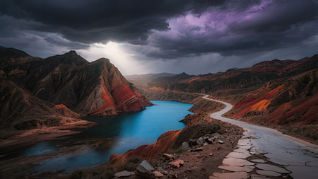 Panoramic view of lake and mountains at sunset, Ladakh, India