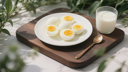 Boiled eggs on wooden board with glass of milk