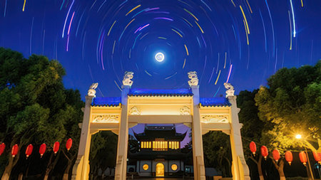Night view of a Chinese temple with star trails in the sky.