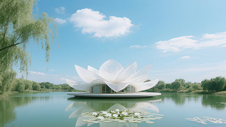 White lotus flower in the lake with blue sky background, 3d renderのeditorial素材