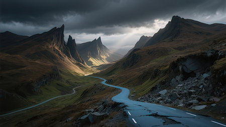 Panoramic view of the mountain road in the highlands of Iceland