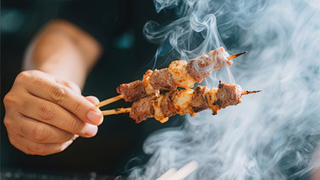 Grilled shish kebab on skewers with smoke.